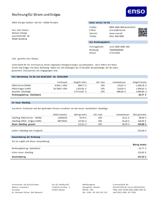 Germany ENSO rechnung für strom und erdgas utility bill
